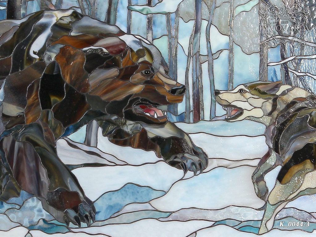 Витражная картина Тиффани «Охота на медведя» #VO-0163