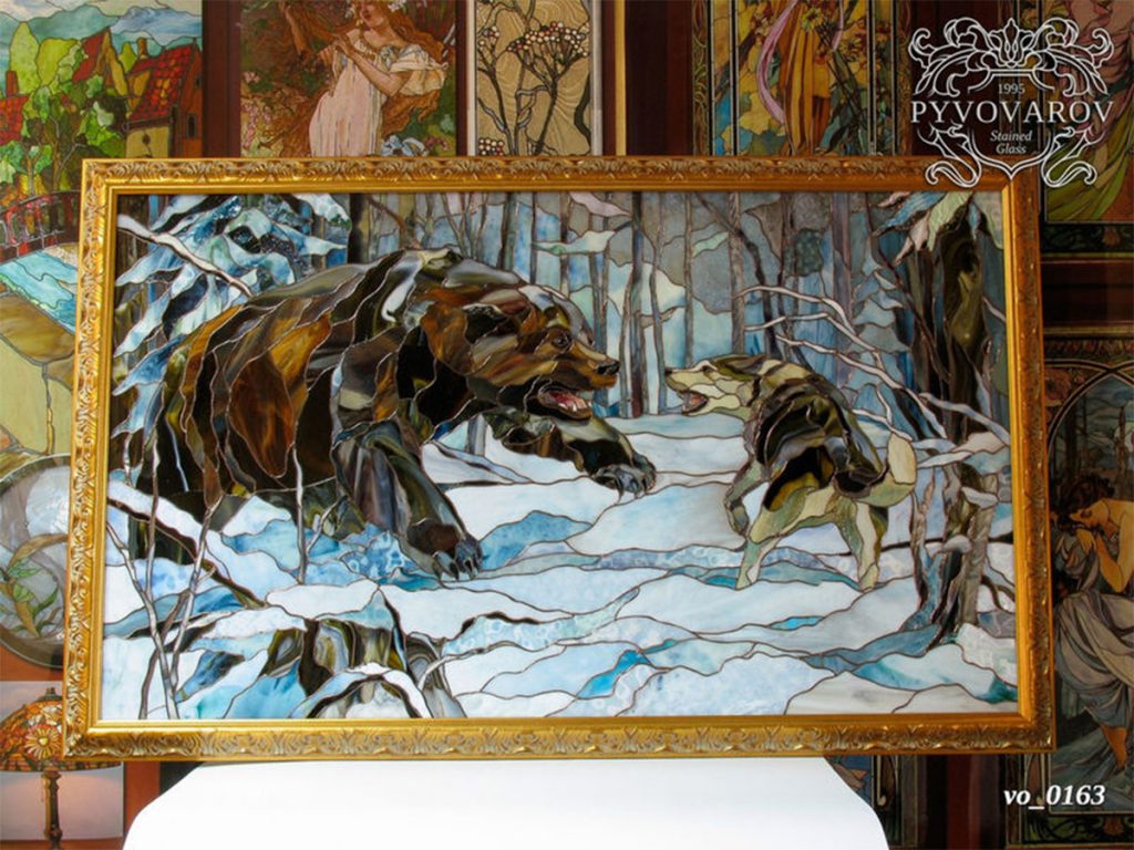Витражная картина Тиффани «Охота на медведя» #VO-0163